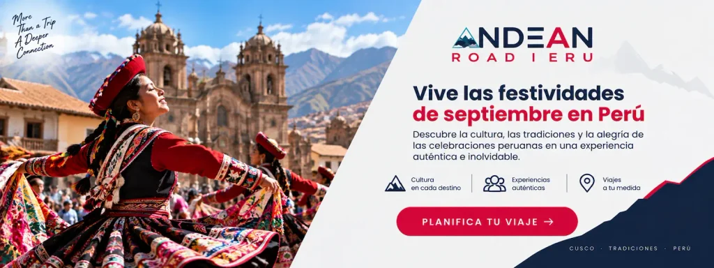 Banner sobre las festividades de septiembre en Perú con danzas y tradiciones peruanas