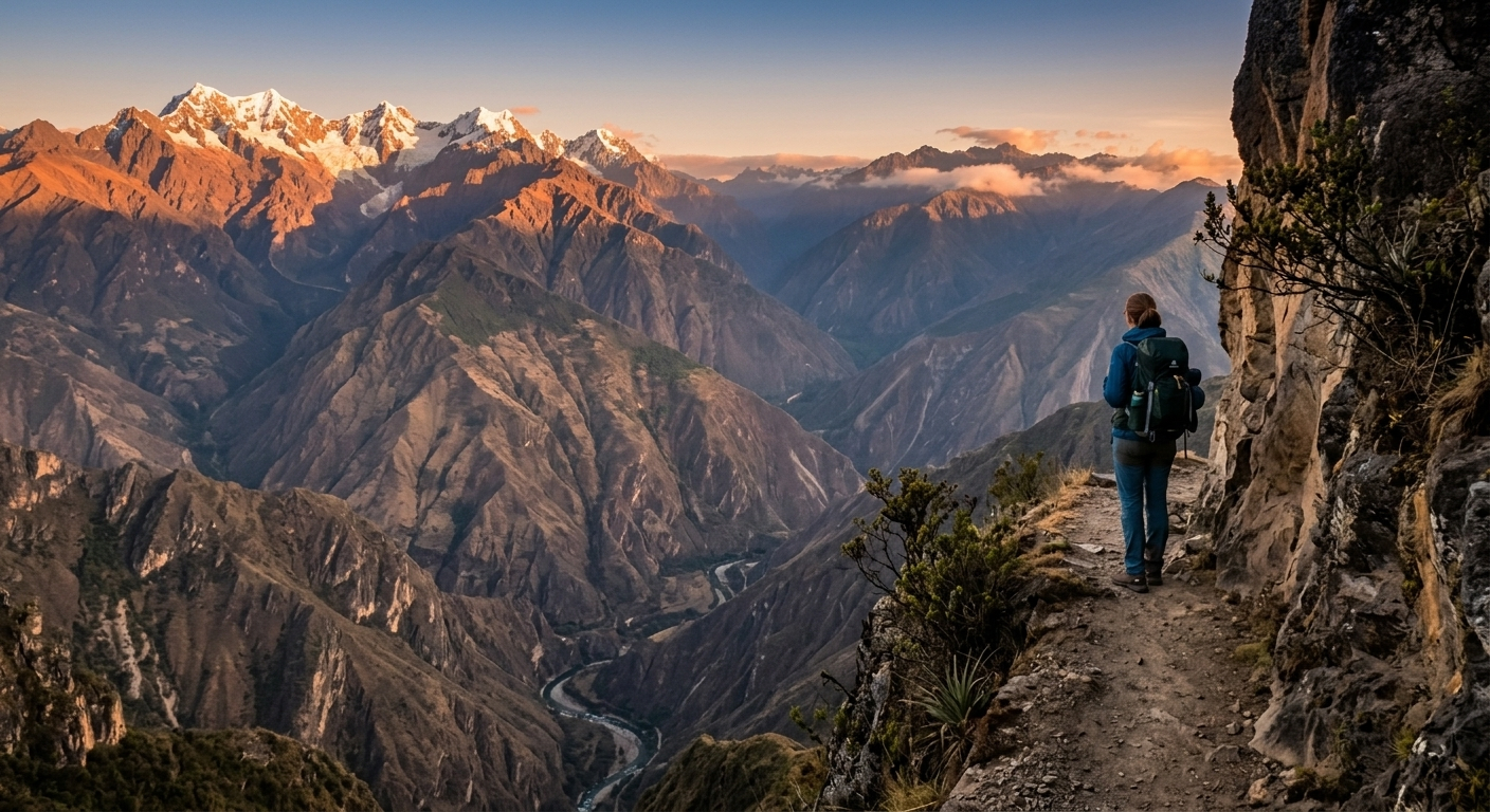 Trekker overlooking the deep Apurimac Canyon and snow-capped Andes mountains on the Choquequirao 5 day trek