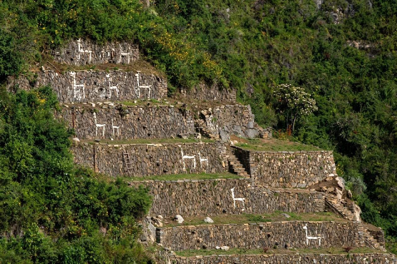 Ancient Inca stone-inlaid llamas on the Pelayoq terraced agricultural sector in Choquequirao Peru